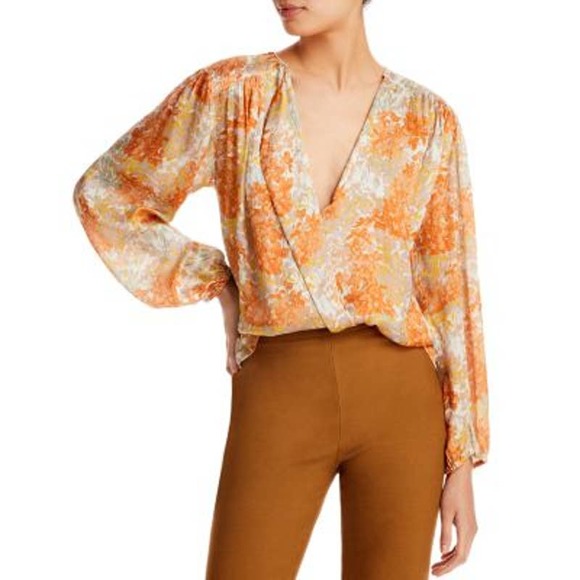 VINCE Ladies Shirred Long Sleeve Orange Floral 